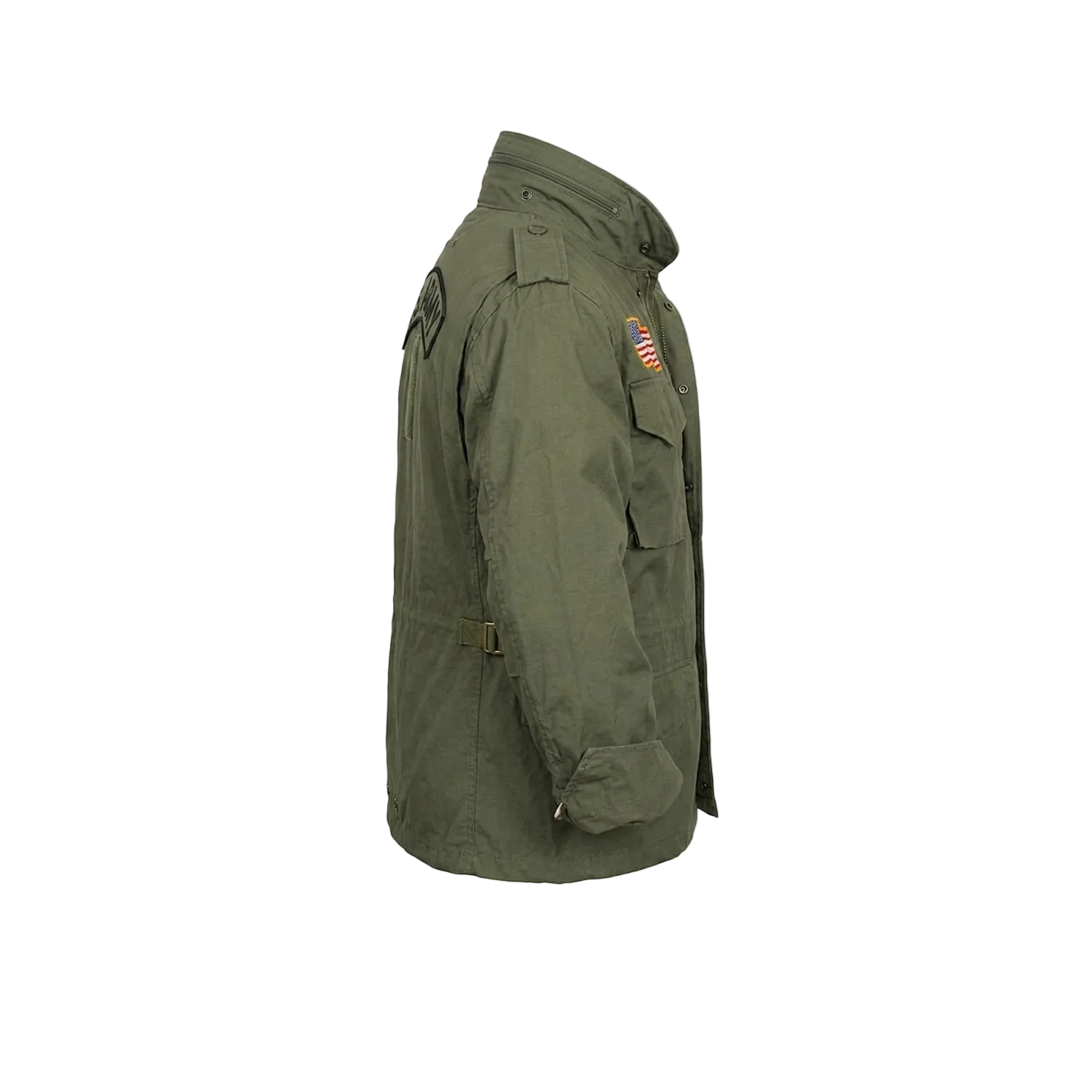 Green jacket with patches on a white background