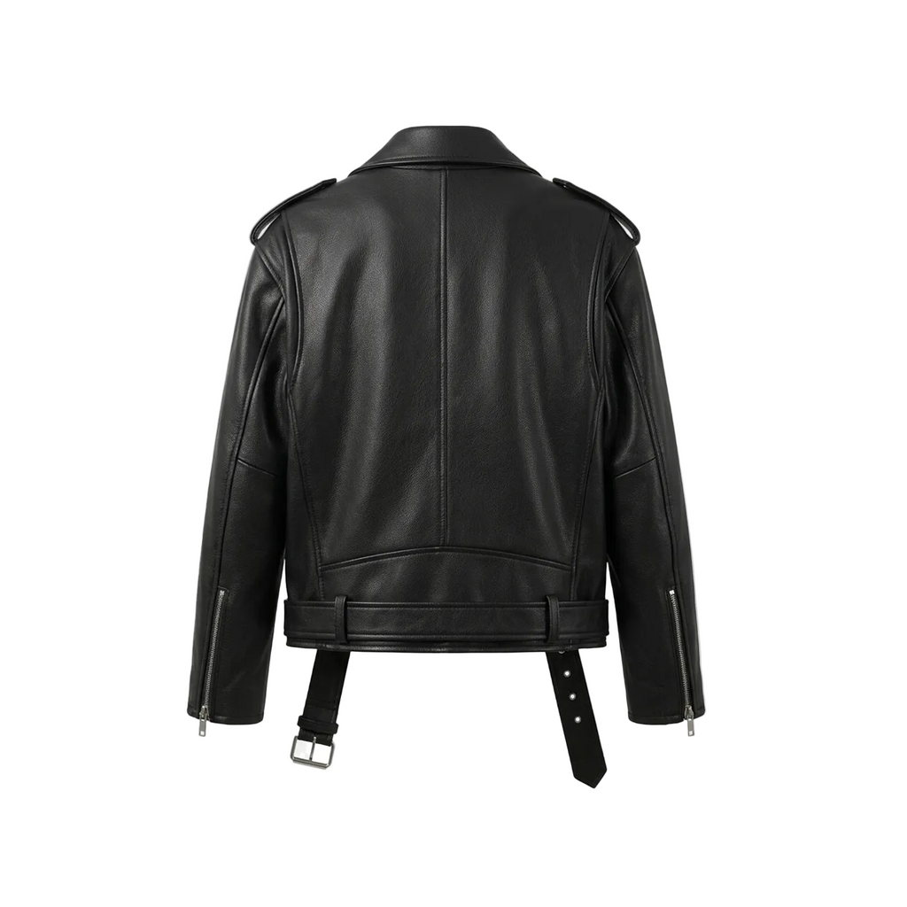 Black leather jacket on a white background with brand logo.