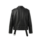 Black leather jacket on a white background with brand logo.