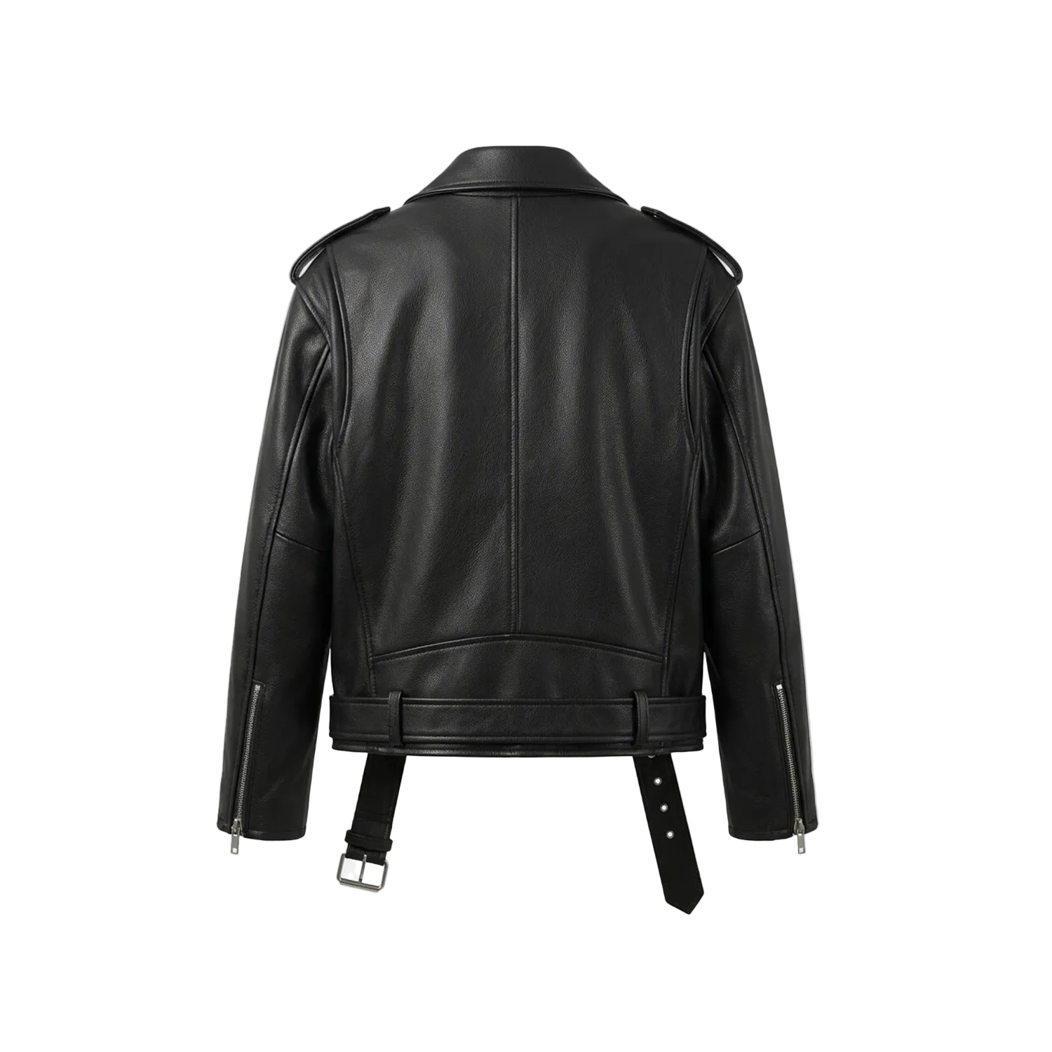 Black leather jacket on a white background with brand logo.