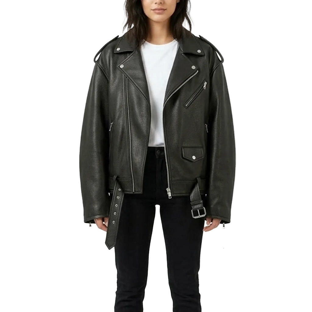 Person wearing a black leather jacket on a white background