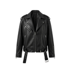 Black leather jacket with zippers and belt on a white background