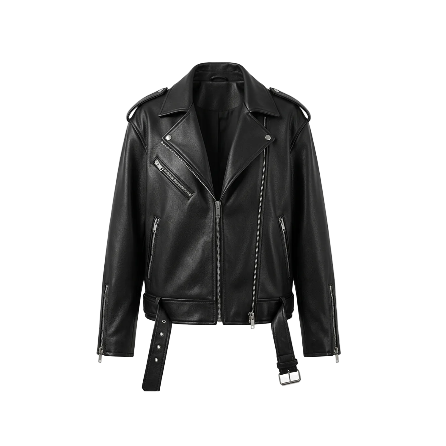 Black leather jacket with zippers and belt on a white background