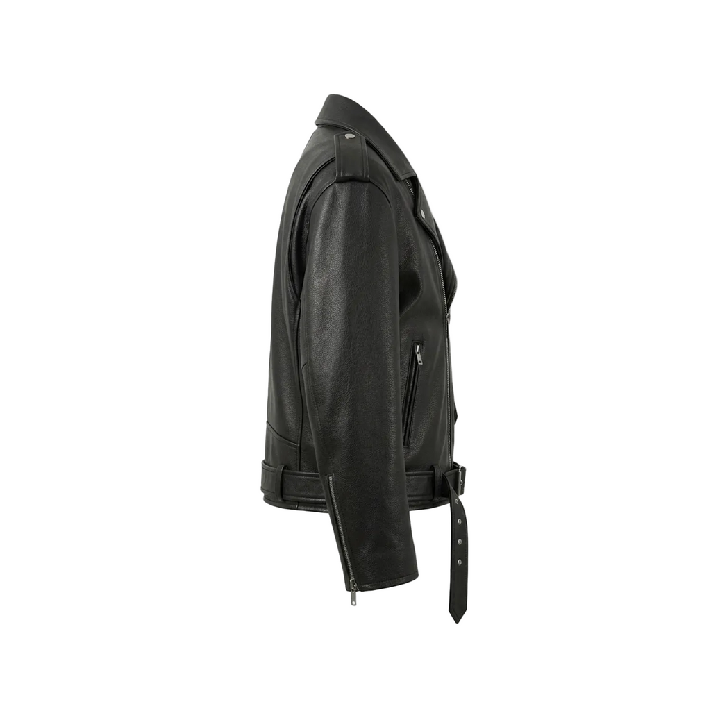 Black leather jacket on a white background with a brand logo.