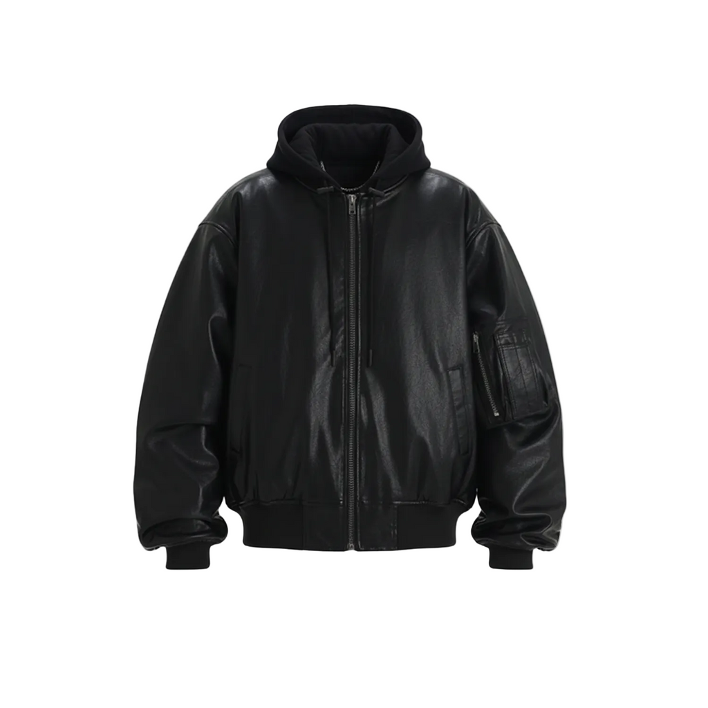 Men's hooded oversized sheep leather bomber jacket