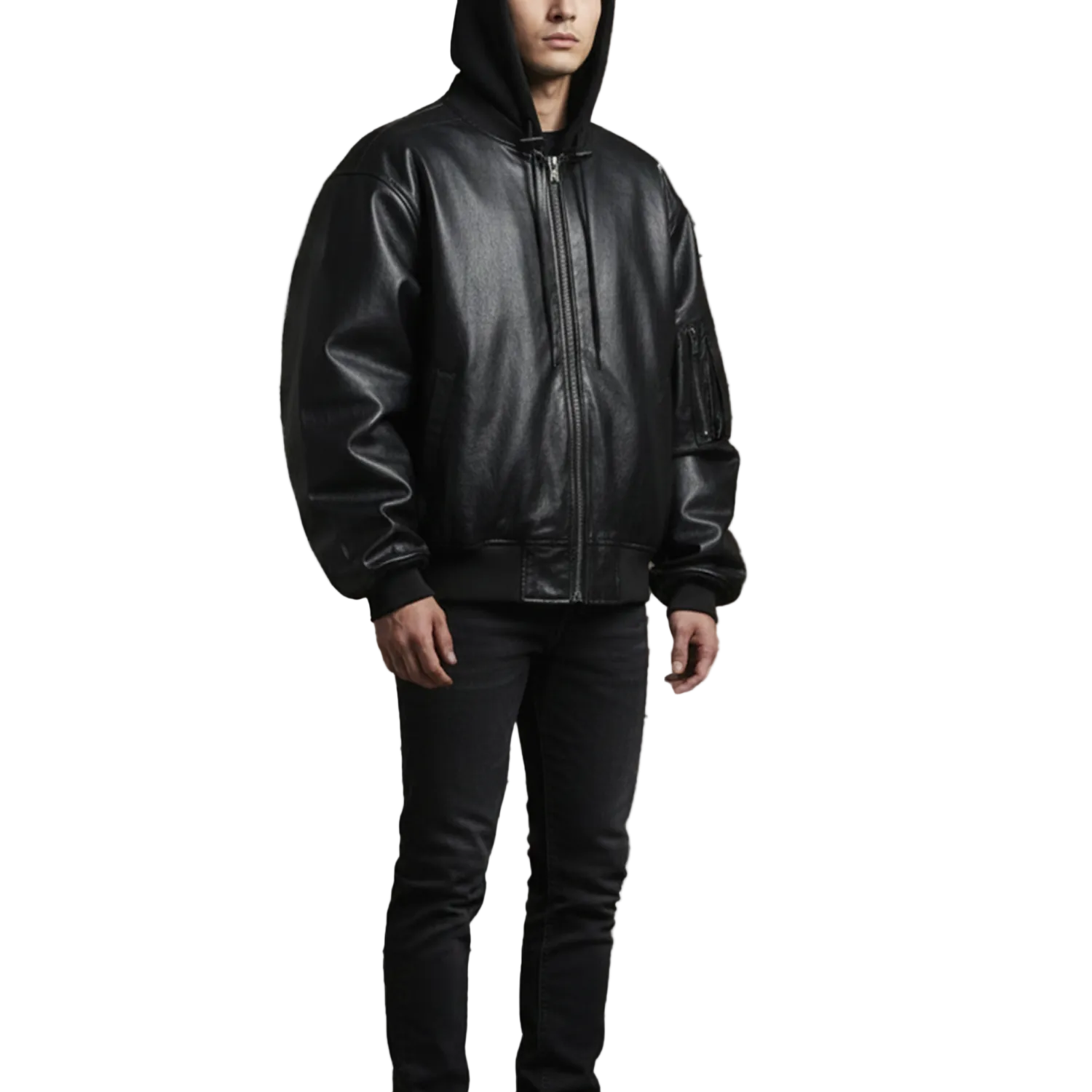 Men's hooded oversized sheep leather bomber jacket