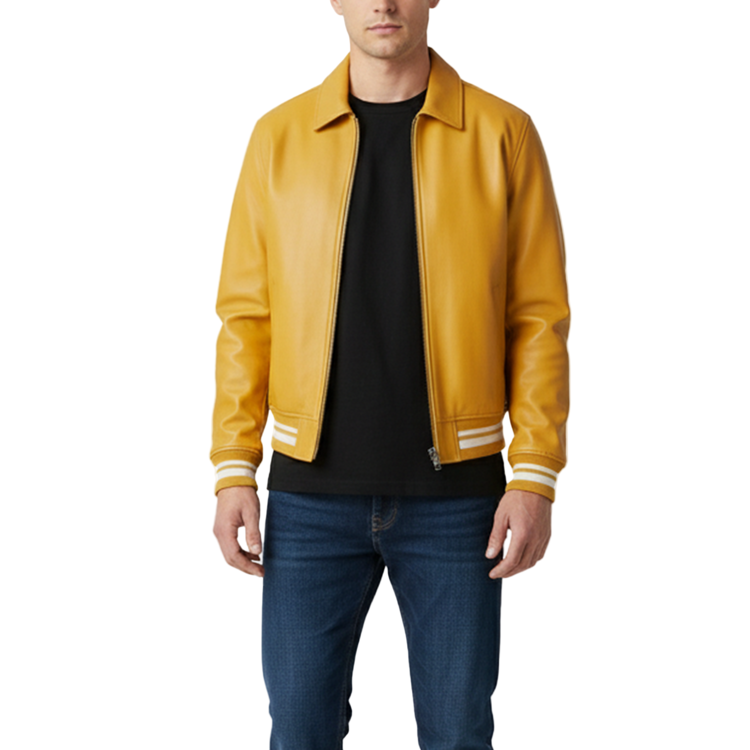 Yellow leather jacket worn by a person on a white background
