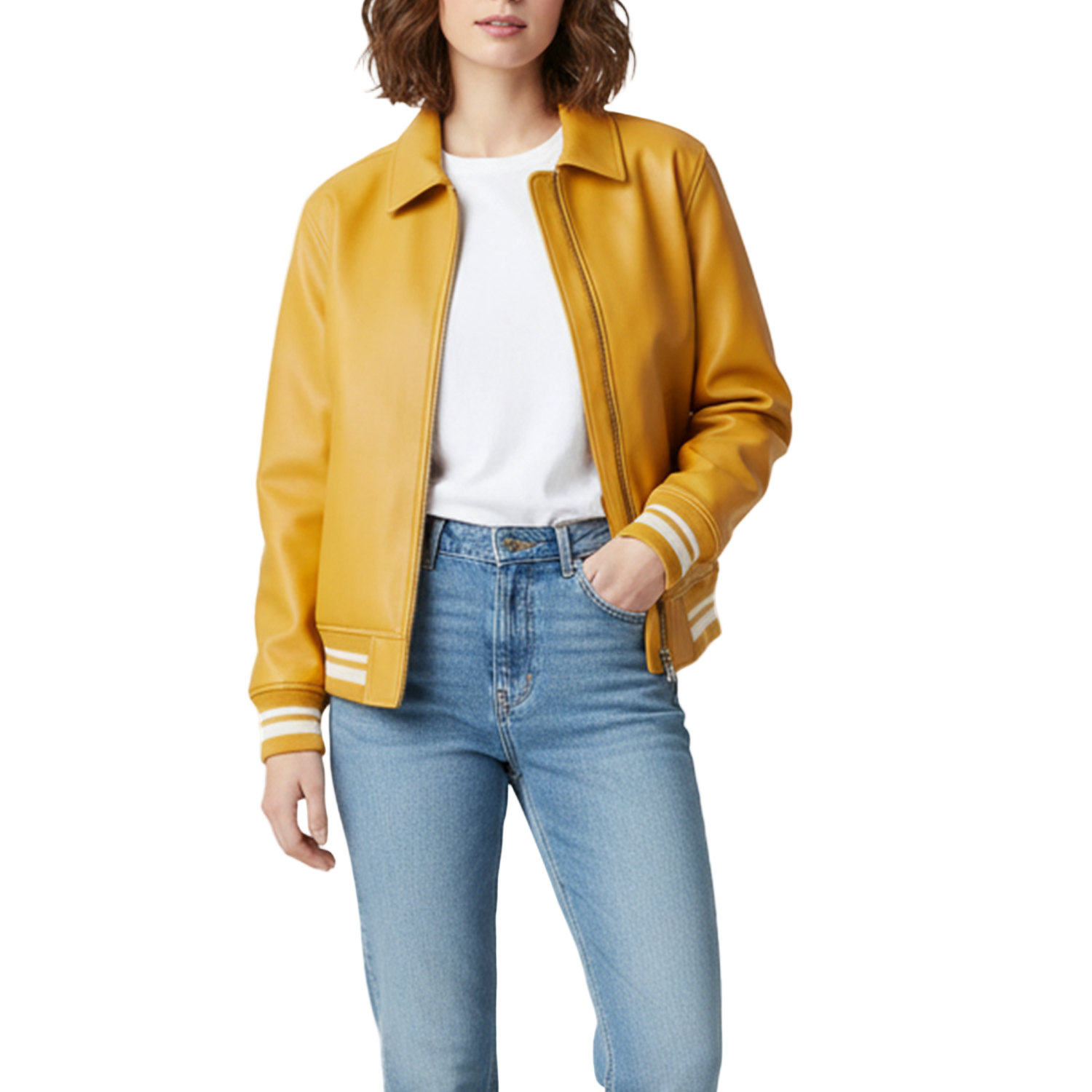 Person wearing a mustard yellow jacket with white trim, white shirt, and blue jeans on a white background.