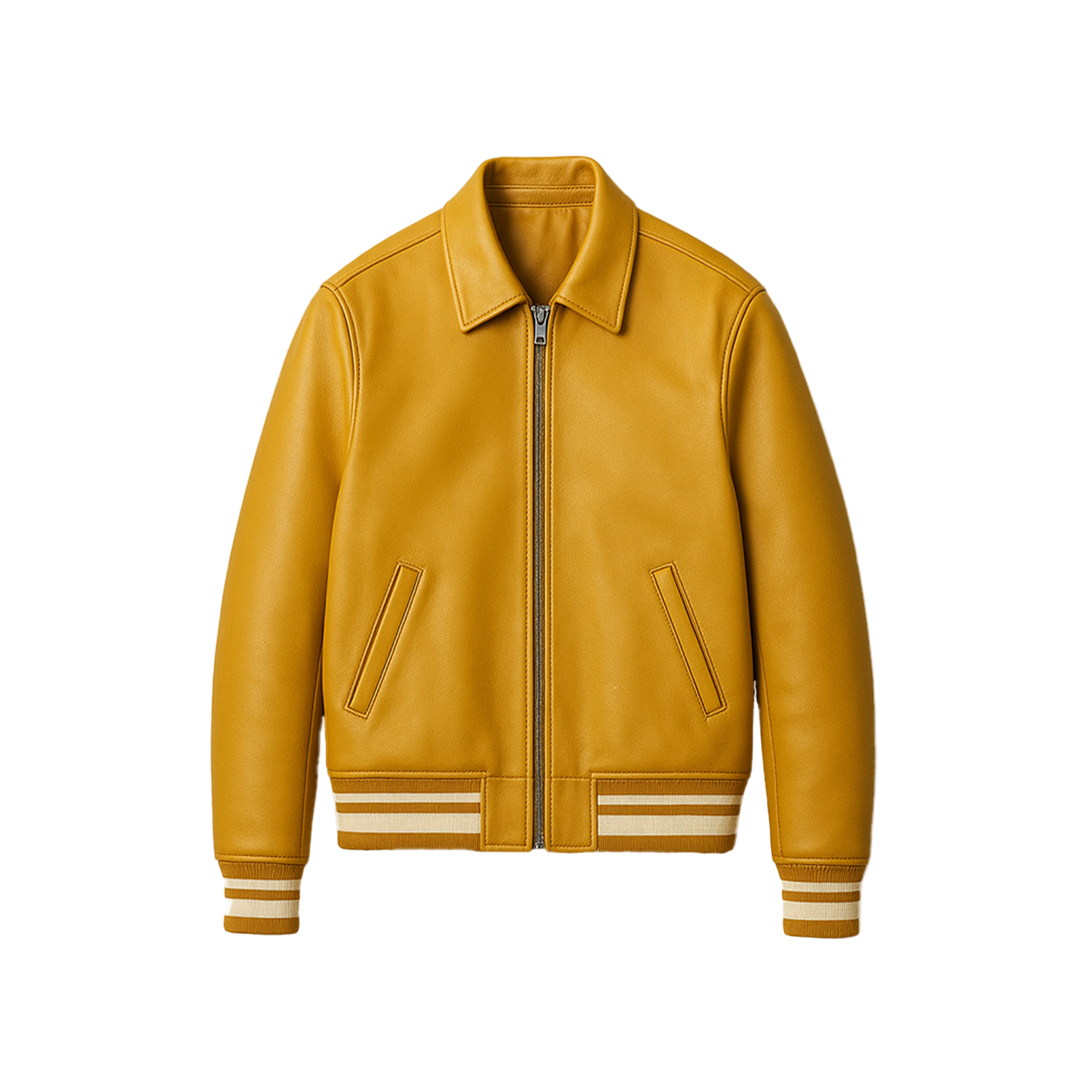 Yellow leather jacket with white stripes on a white background