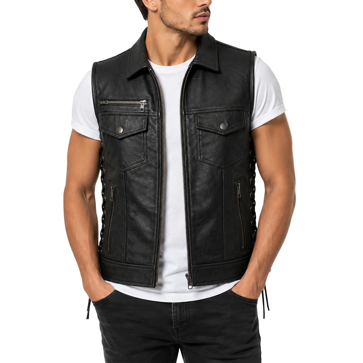 Men’s Black Leather Biker Vest