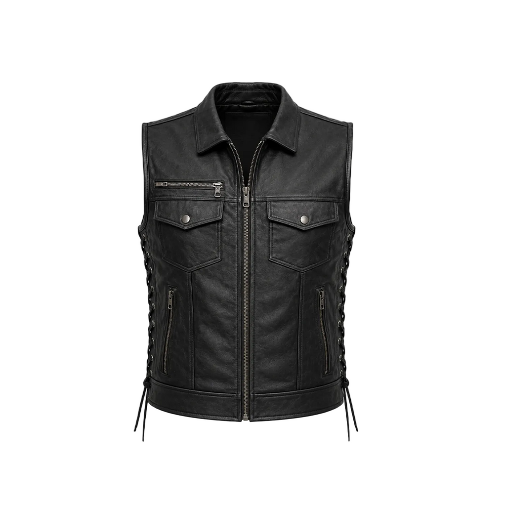 Men’s Black Leather Biker Vest