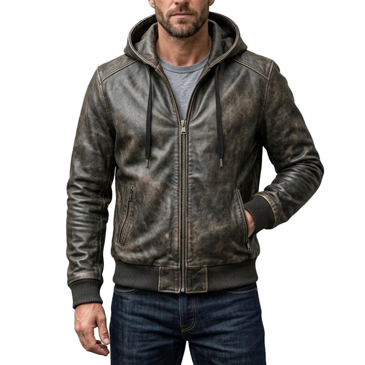 Man wearing a distressed leather hoodie with a visible brand logo on a white background