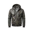 Brown leather hoodie with a brand logo on a white background