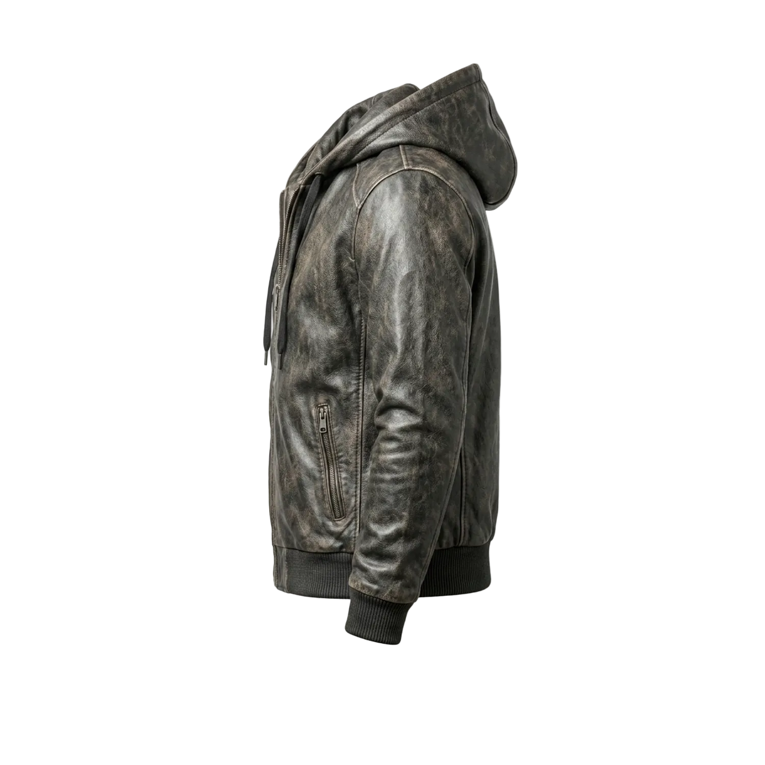 Side view of a distressed leather jacket with a hood on a white background