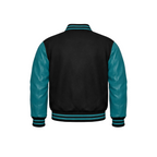 Black and teal varsity jacket on a white background