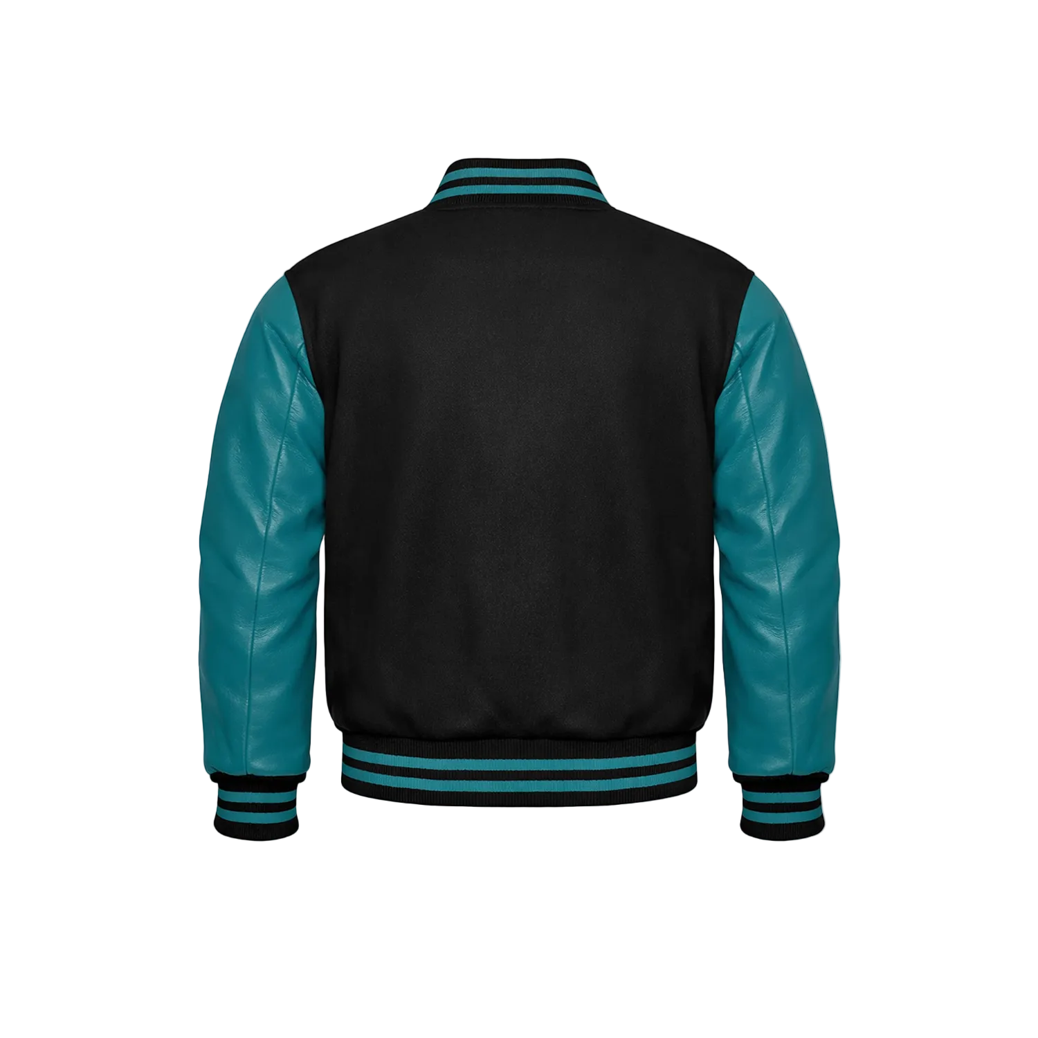 Black and teal varsity jacket on a white background