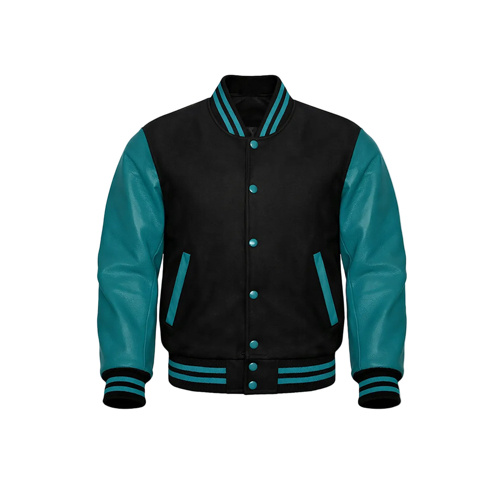 Black and teal varsity jacket on a white background