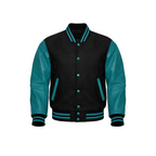 Black and teal varsity jacket on a white background