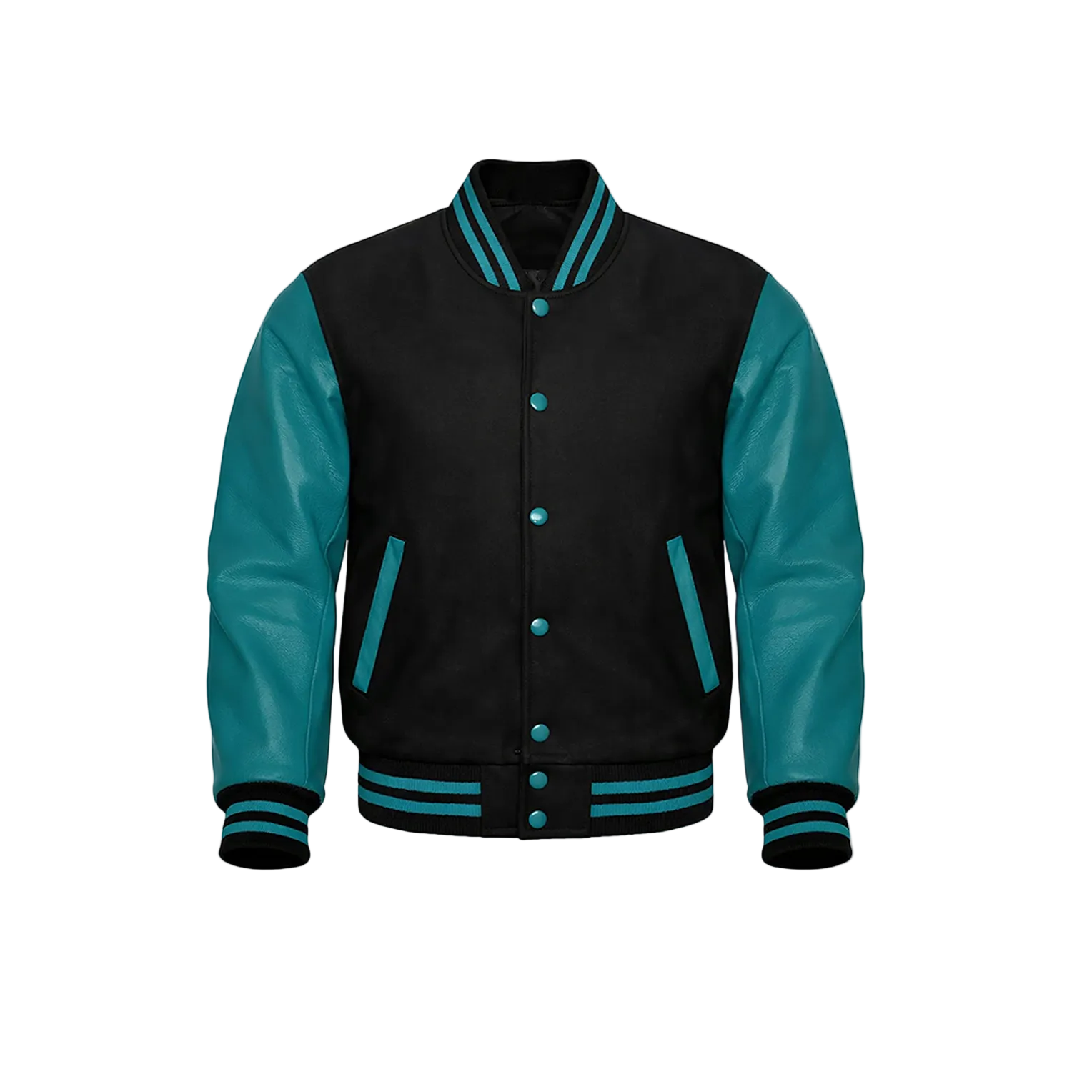 Black and teal varsity jacket on a white background