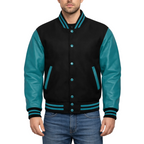 Black and teal varsity jacket worn by a person on a white background