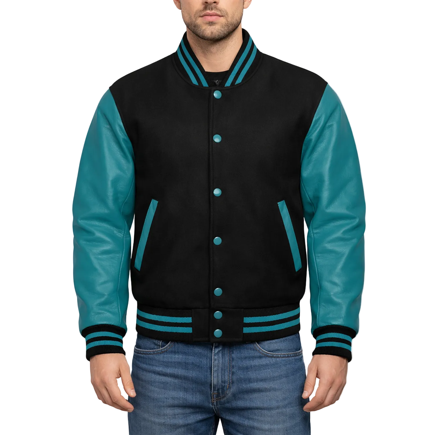 Black and teal varsity jacket worn by a person on a white background