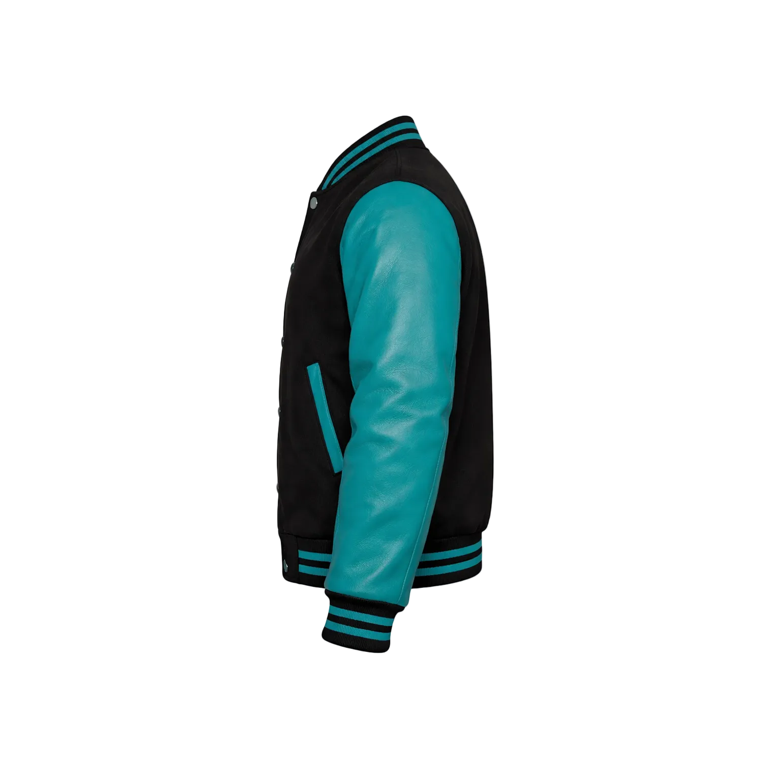 Black and turquoise varsity jacket on a white background