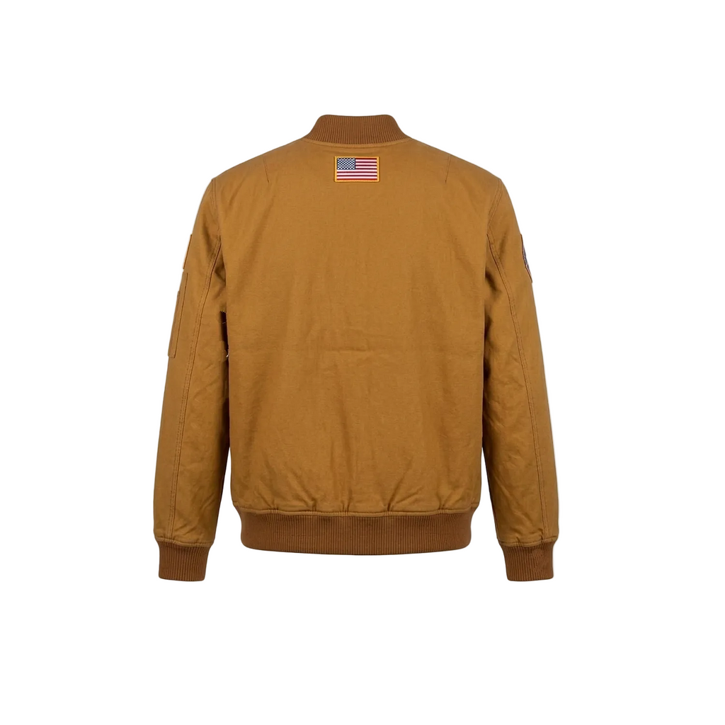 Brown jacket with a flag patch on the back against a white background