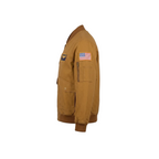 Brown jacket with American flag patch on sleeve against a white background