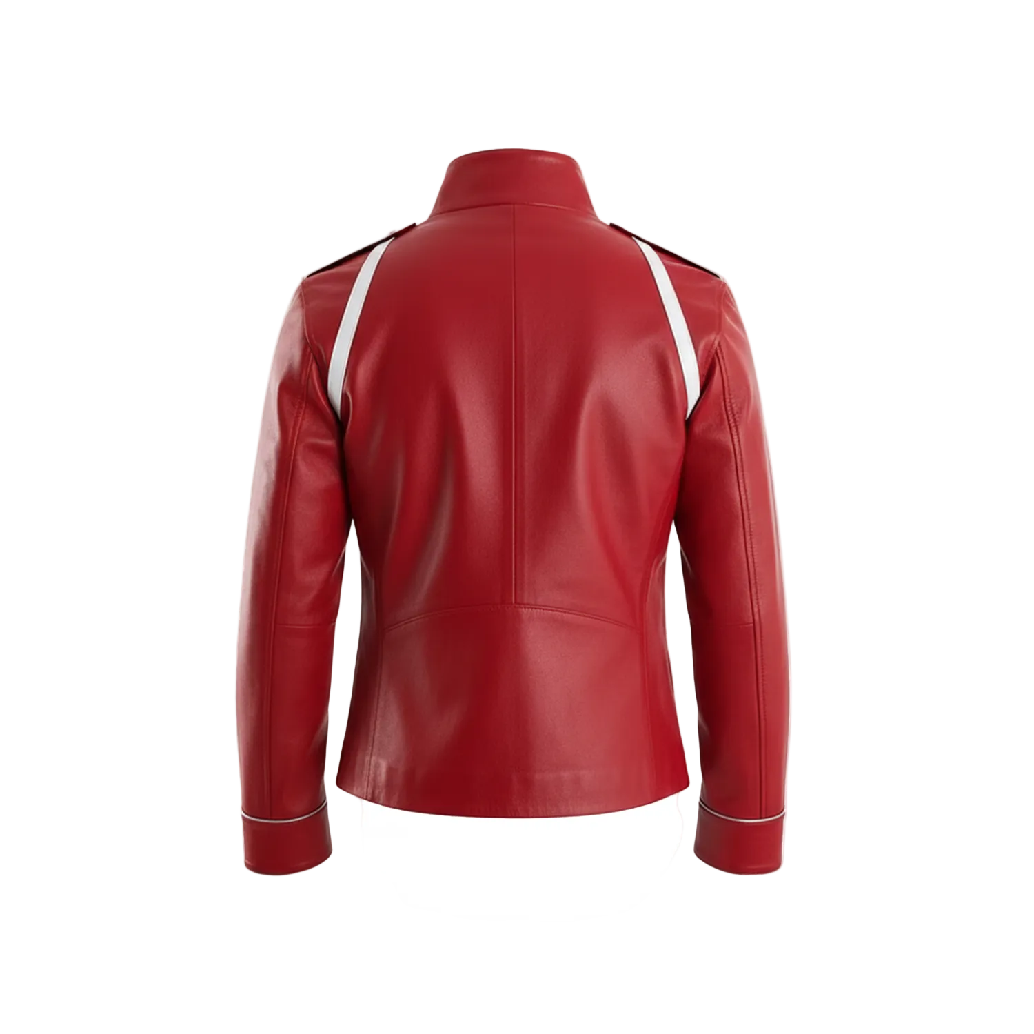 Red leather jacket with white accents on a white background
