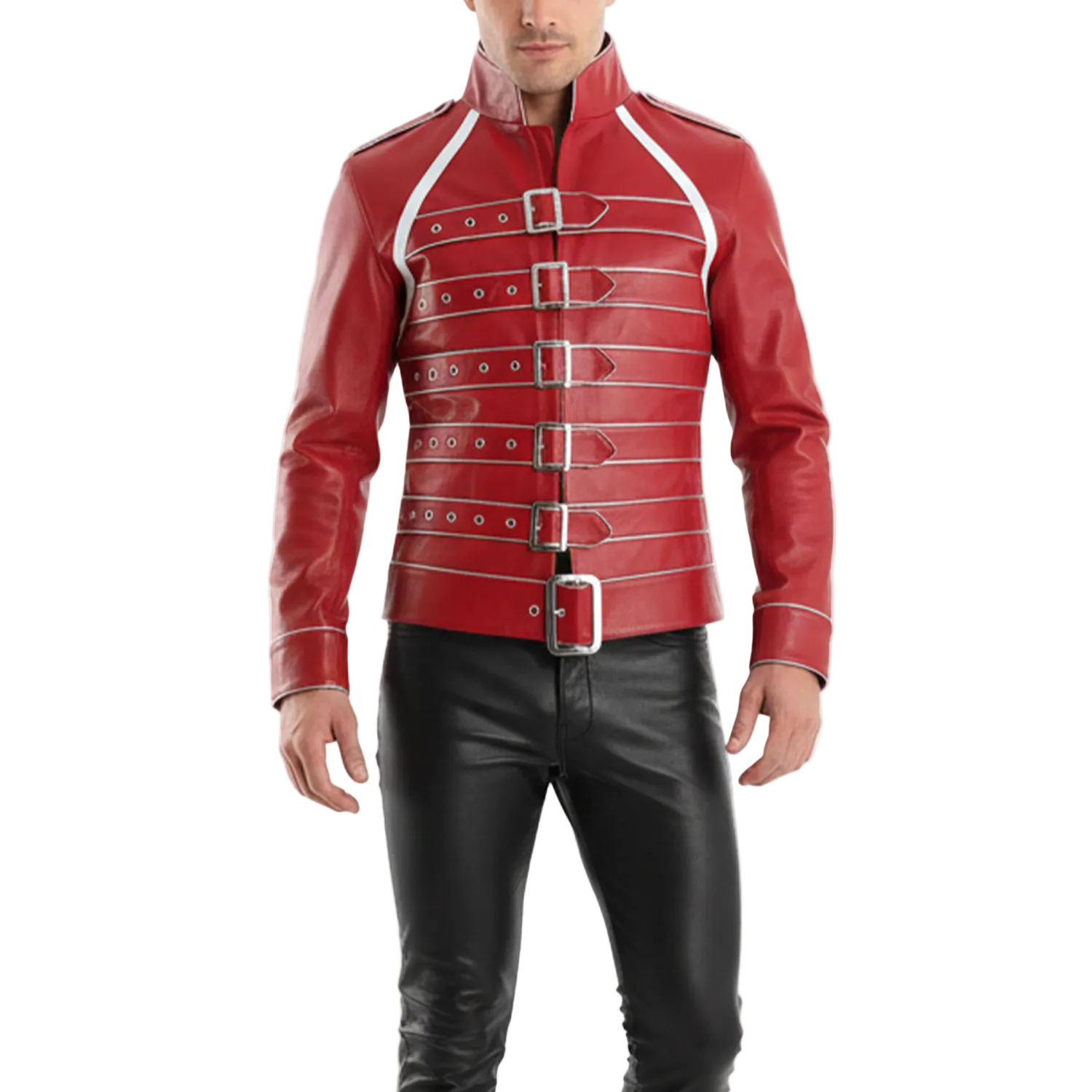Red leather jacket with silver buckles on a white background