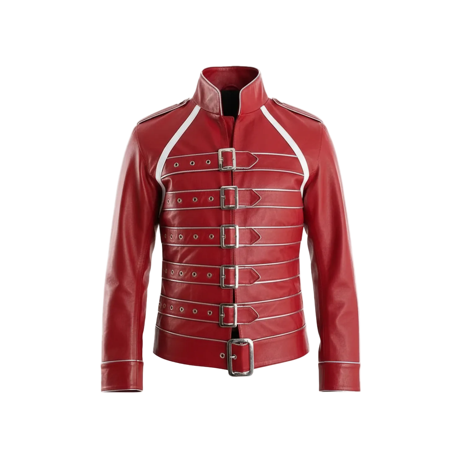 Red leather jacket with white accents on a white background