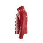 Red leather outfit with white accents on a white background