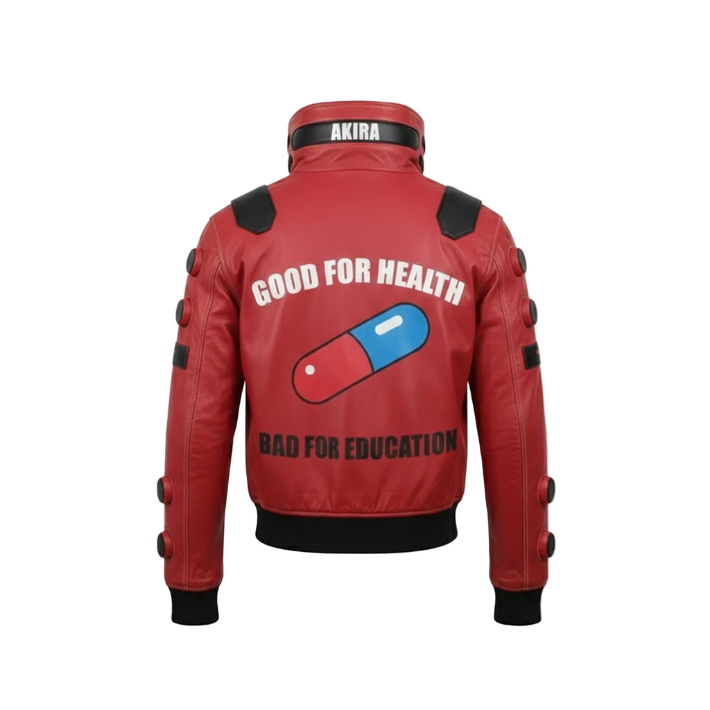 Red jacket with text and graphic design on a white background