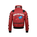 Red jacket with text and graphic design on a white background
