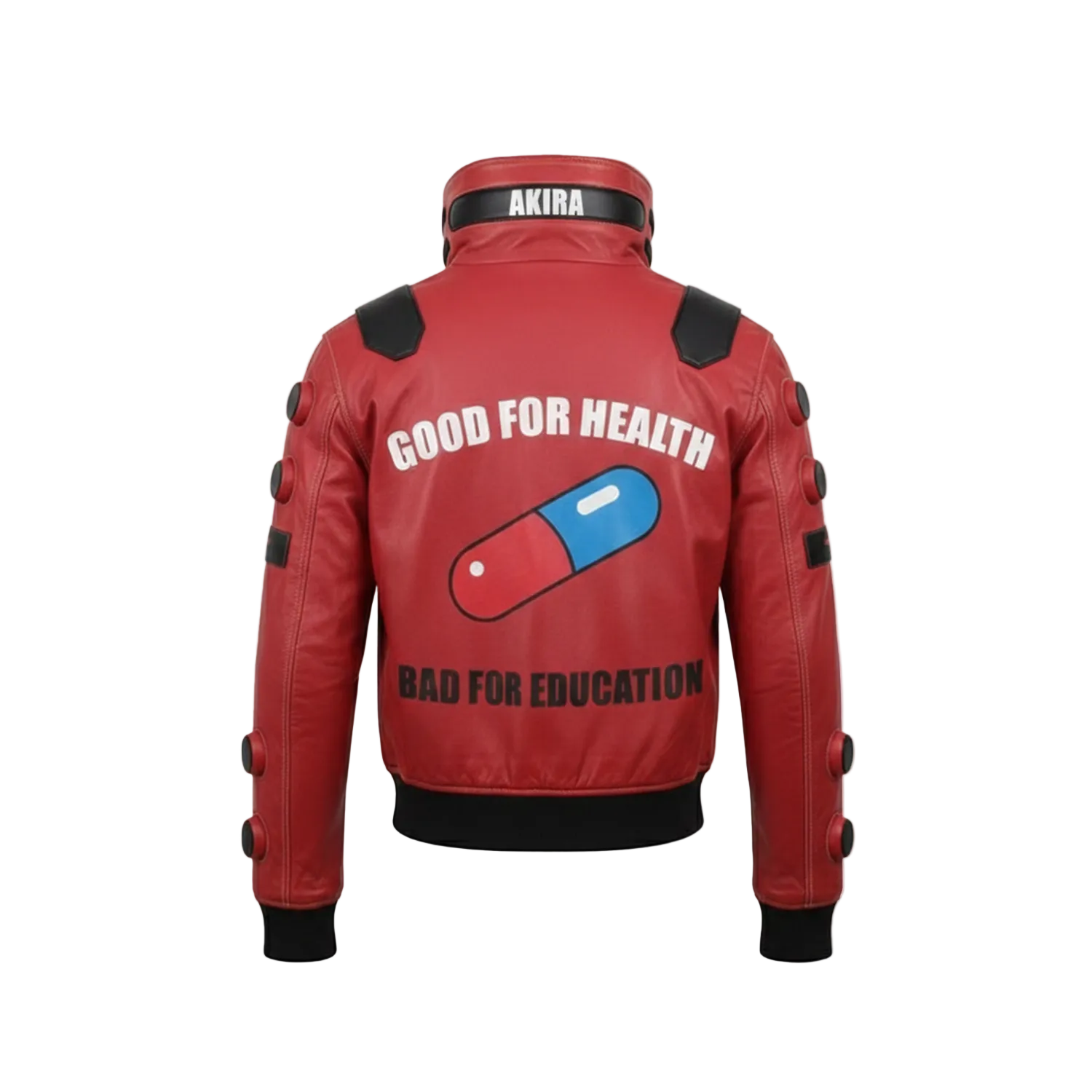 Red jacket with text and graphic design on a white background