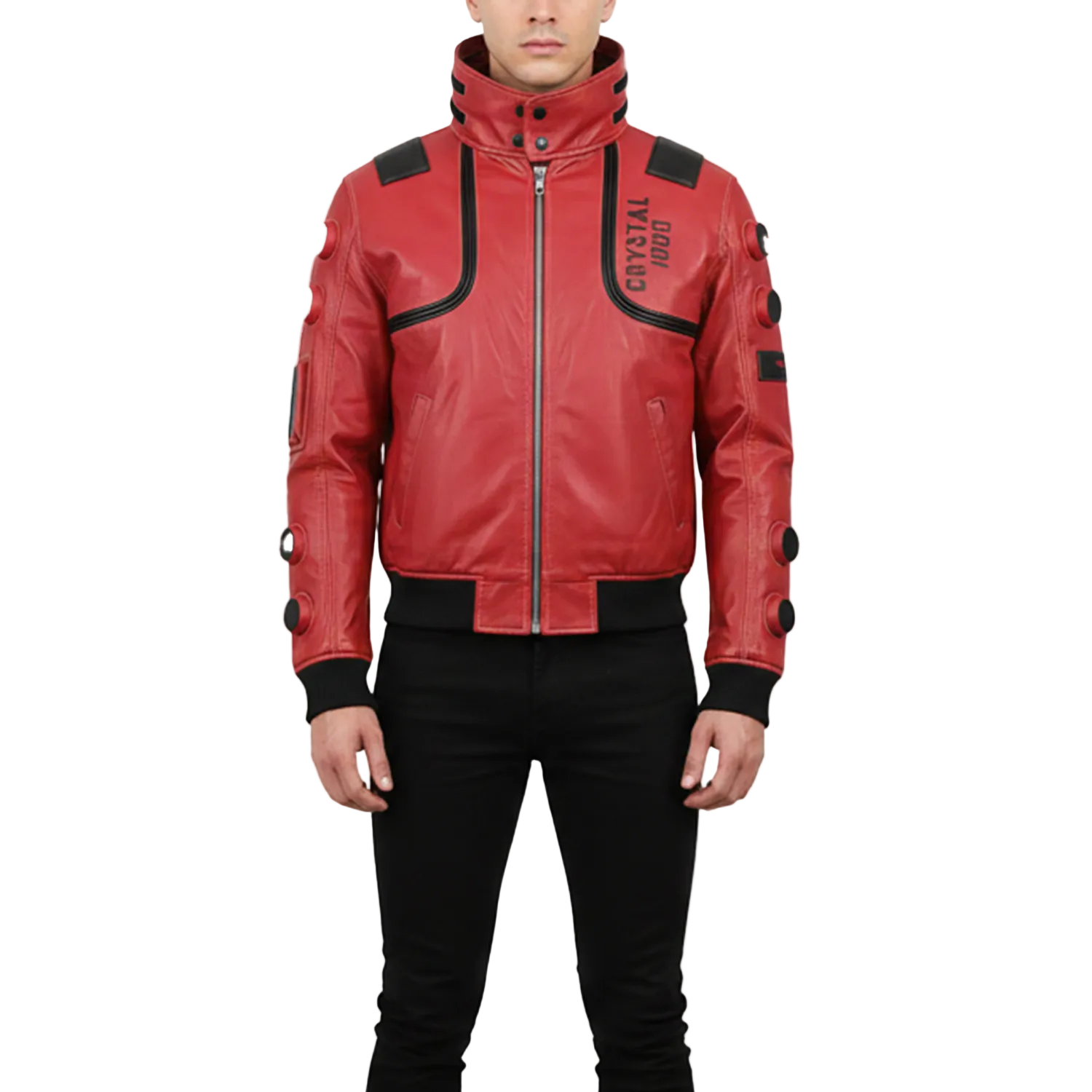 Red leather jacket with black accents on a white background