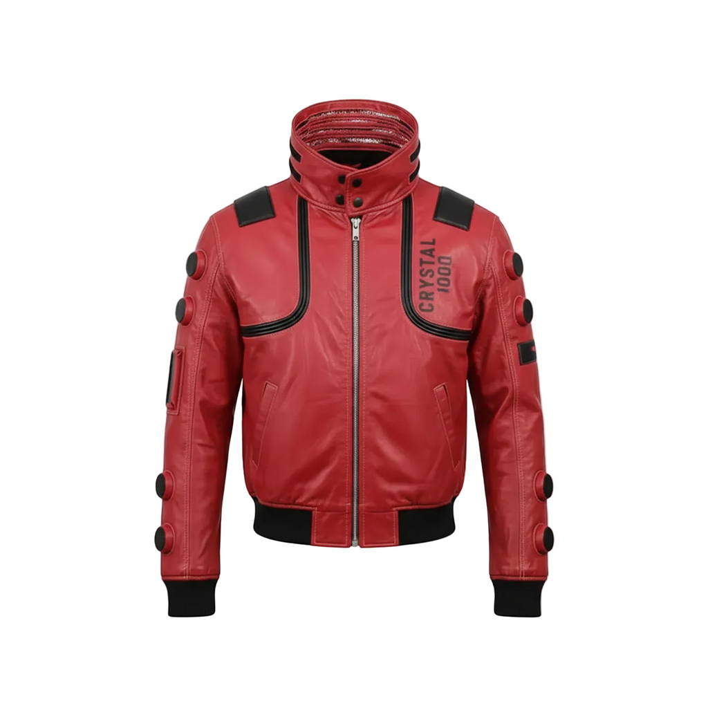 Red leather jacket with black accents on a white background