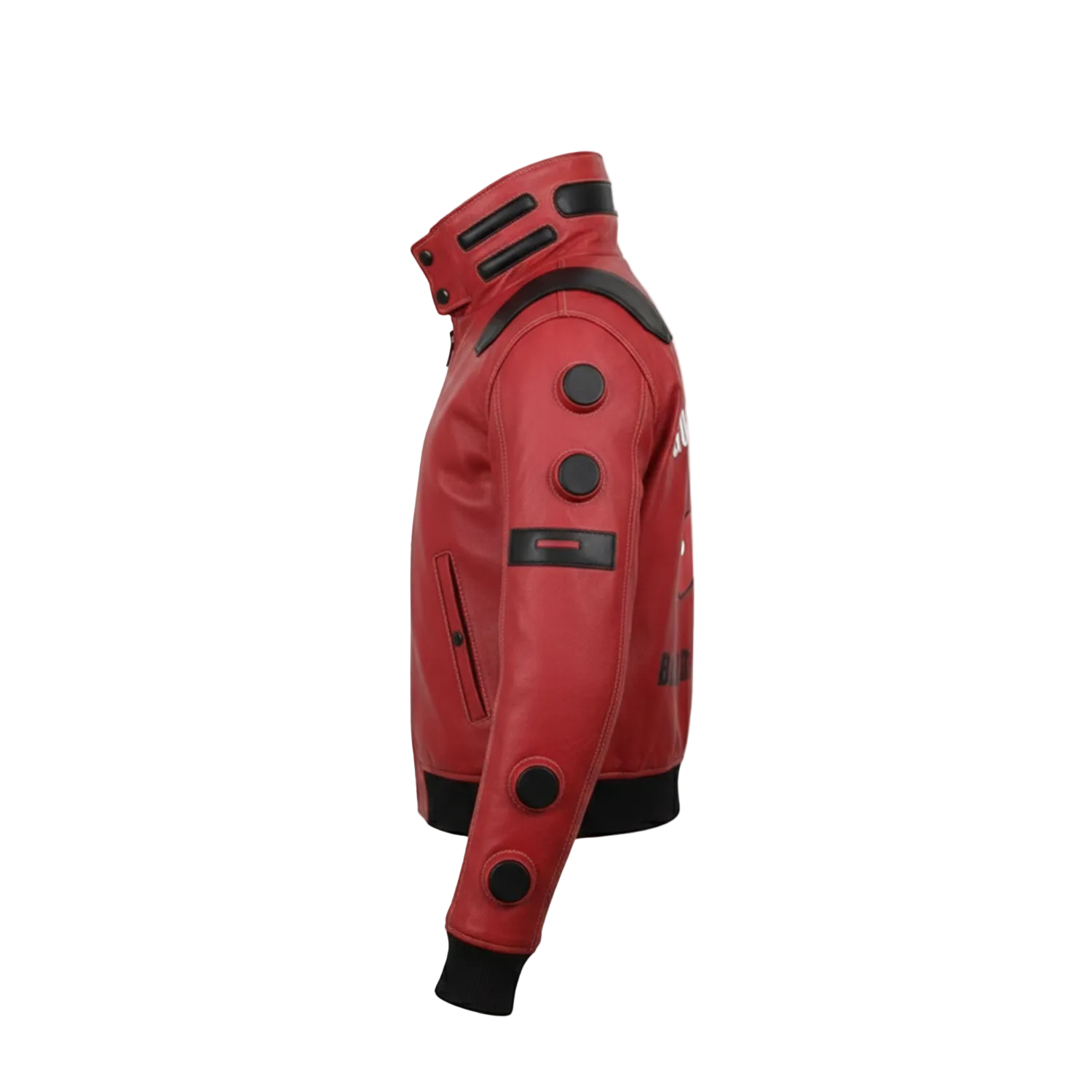 Red leather jacket with black accents on a white background