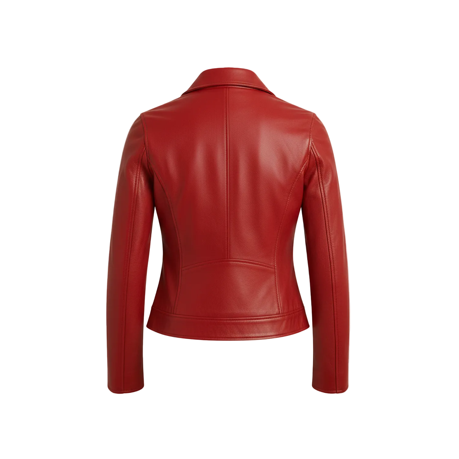 Red leather jacket on a white background with a brand logo.