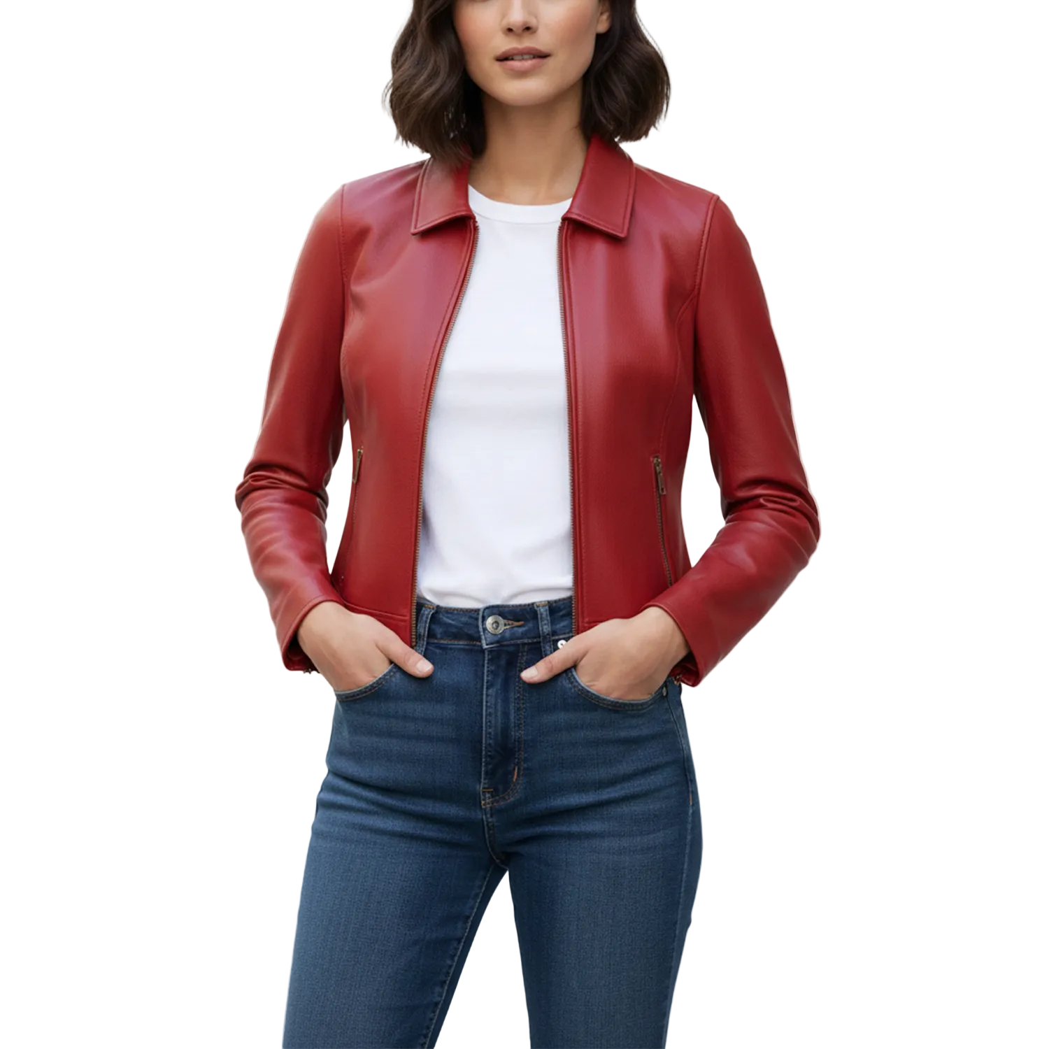 Woman wearing a red leather jacket and blue jeans on a white background