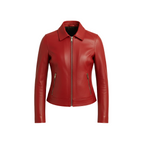 Red leather jacket on a white background with a brand logo.