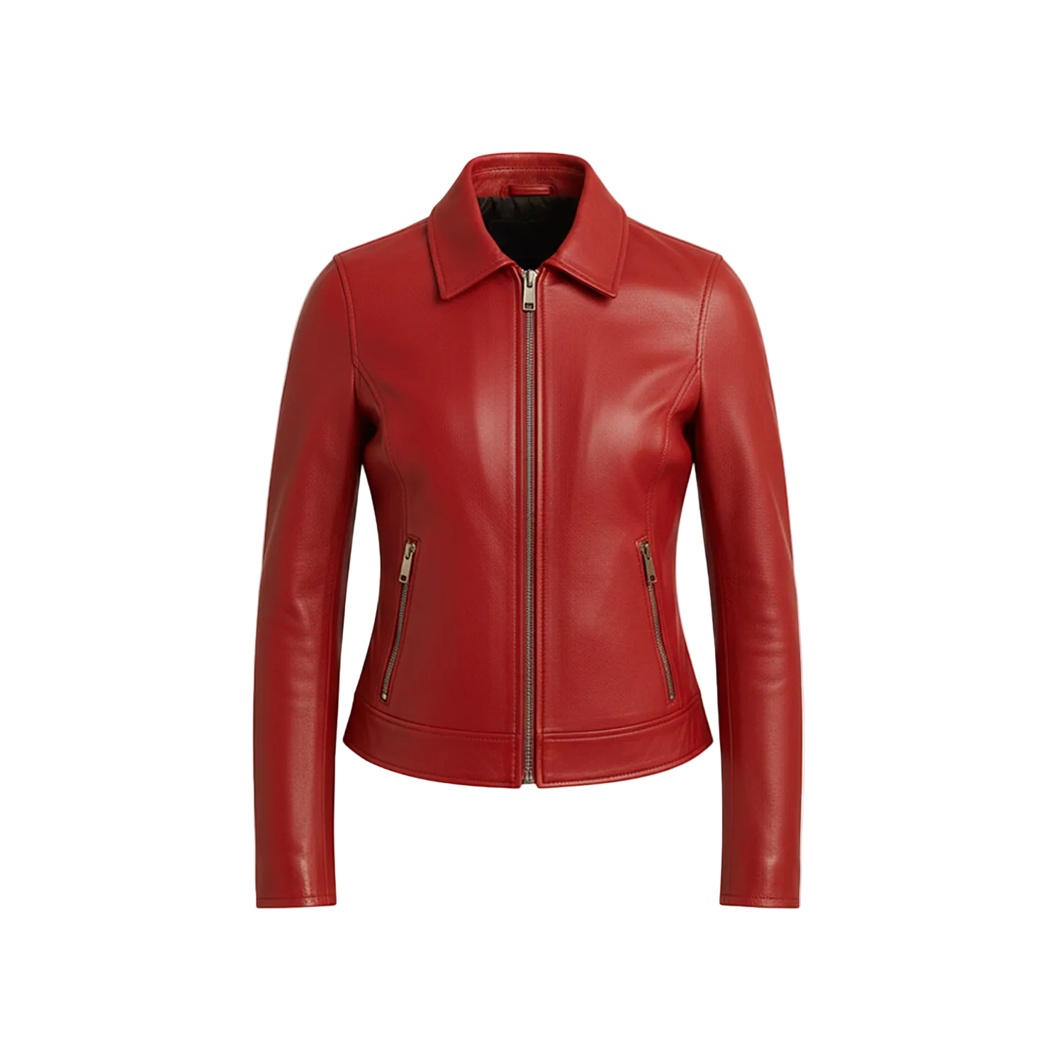 Red leather jacket on a white background with a brand logo.