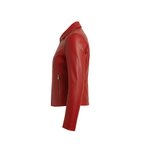 Red leather jacket on a white background with a brand logo.
