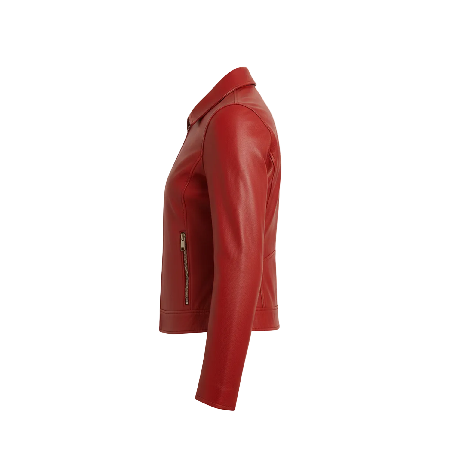 Red leather jacket on a white background with a brand logo.