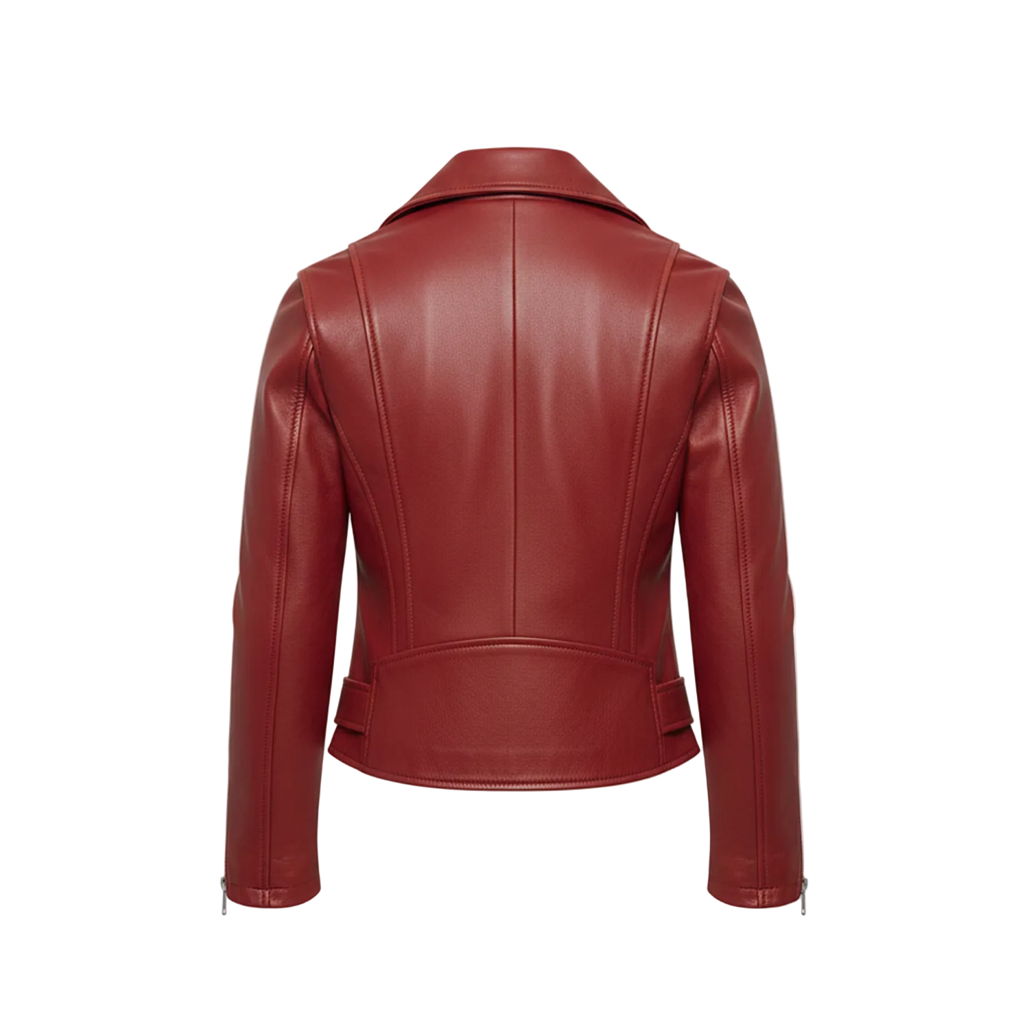 Red leather jacket on a white background with a brand logo.