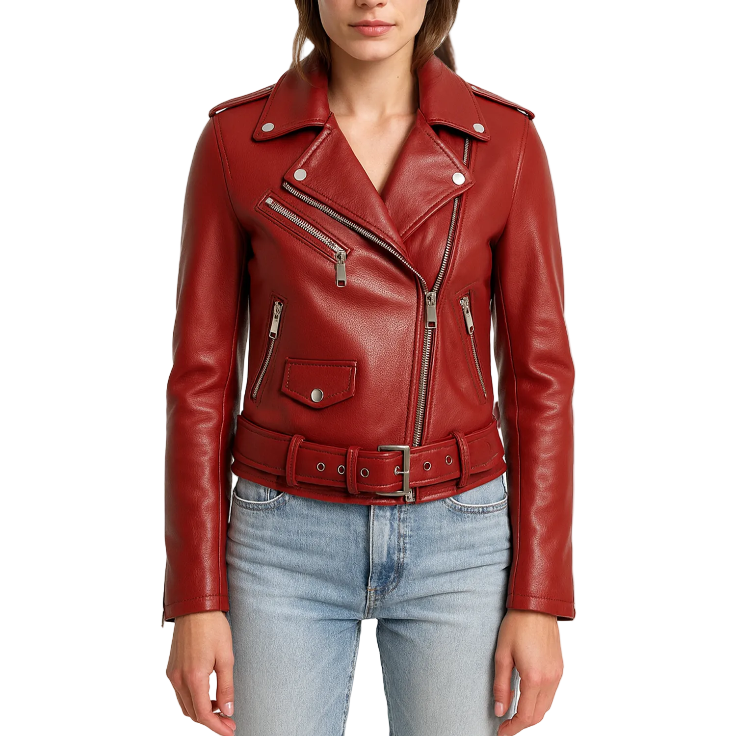 Red leather jacket worn by a person on a white background