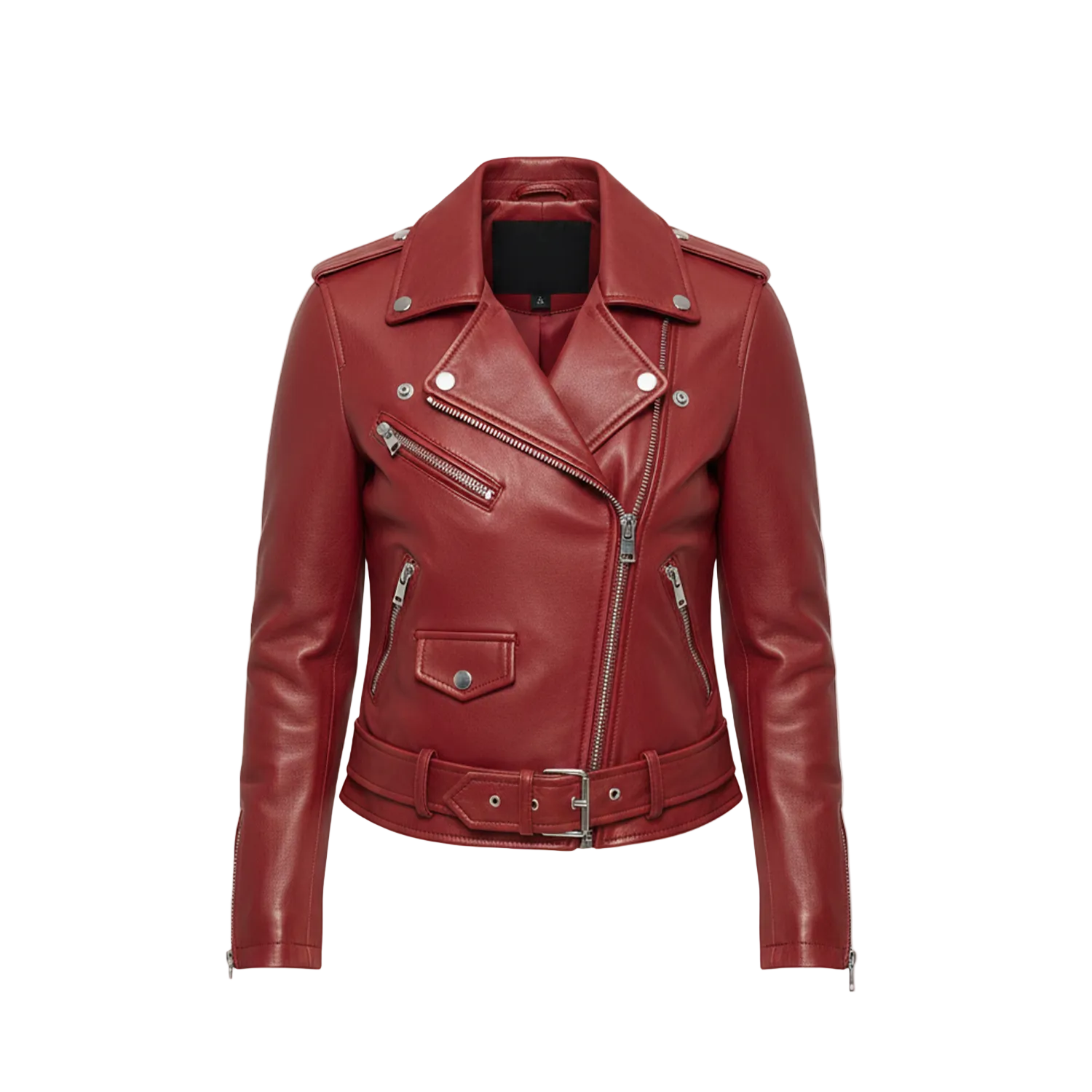 Red leather jacket on a white background with a brand logo.