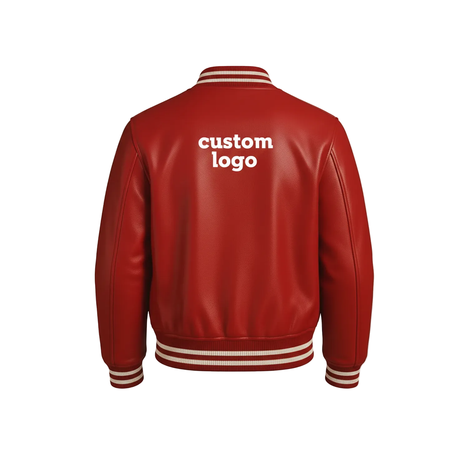 Red leather jacket with 'custom logo' text on a white background
