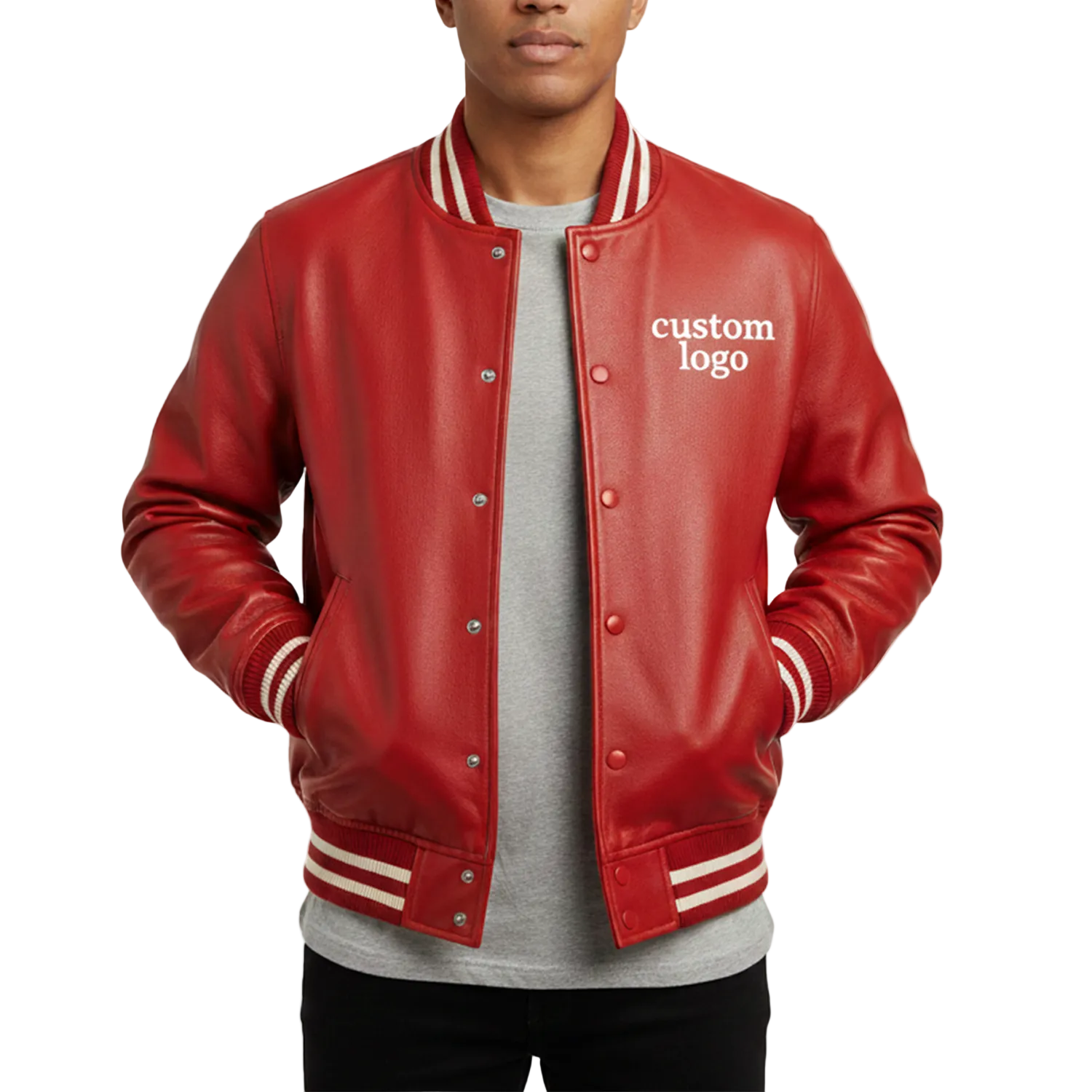 Red varsity jacket with white accents and 'custom logo' text on a white background
