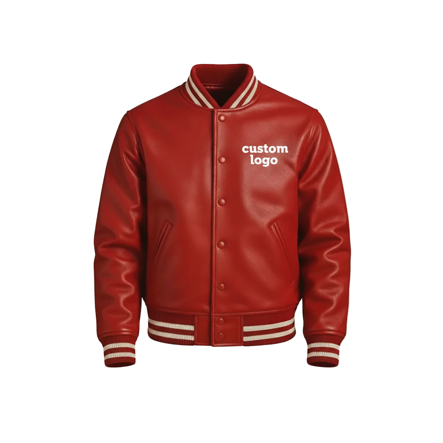 Red leather jacket with white lettering on a white background